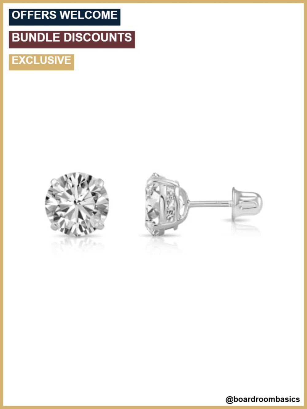 14k White Gold Solitaire Round CZ Stud Earrings Screw-backs